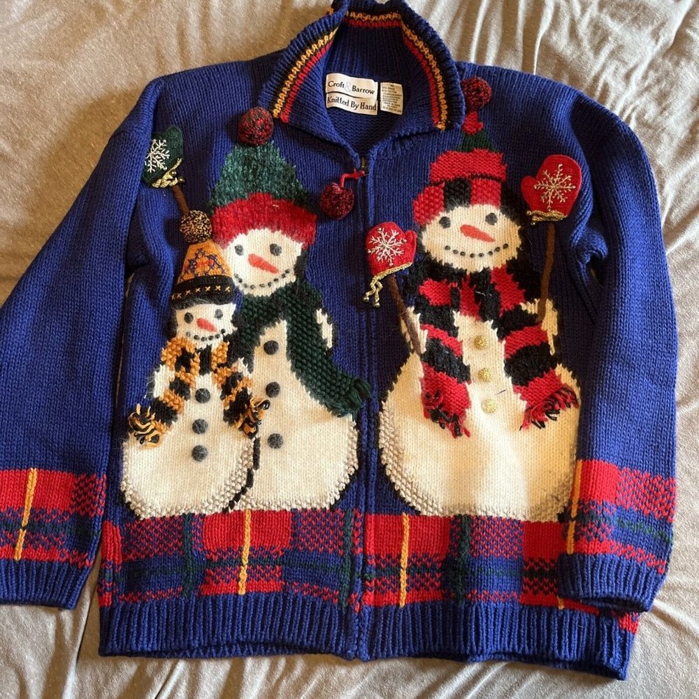 Croft & Barrow M Blue Snowman Christmas Winter Sweater Knitted by Hand Full Zip